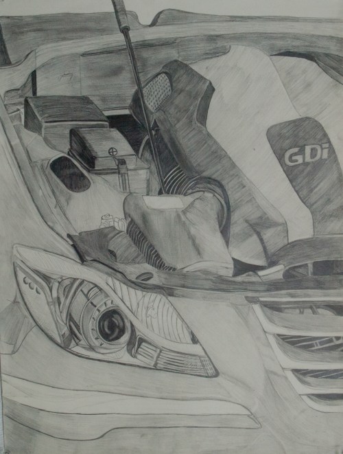 Pencil Sketch, side view, I sat outside in the 95 degree sun for 3 hours a day for two weeks. The intricacy of the engine was my focus
