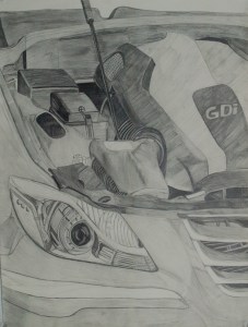 Pencil Sketch, side view, I sat outside in the 95 degree sun for 3 hours a day for two weeks. The intricacy of the engine was my focus