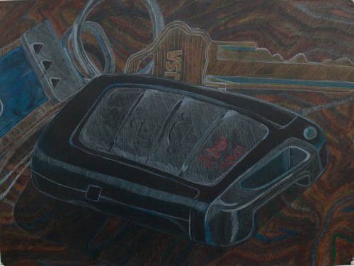 Color sketch on black paper, above view on top of wood board, I mostly worked on background here. Wood has many different layers of colors