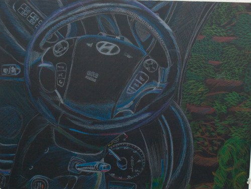 Color Sketch on Black Paper, passenger seat view, I sat inside the car with no AC for 1 1/2 weeks, the color and texture drew me to draw in this piece. Conveying black with color can be tricky 