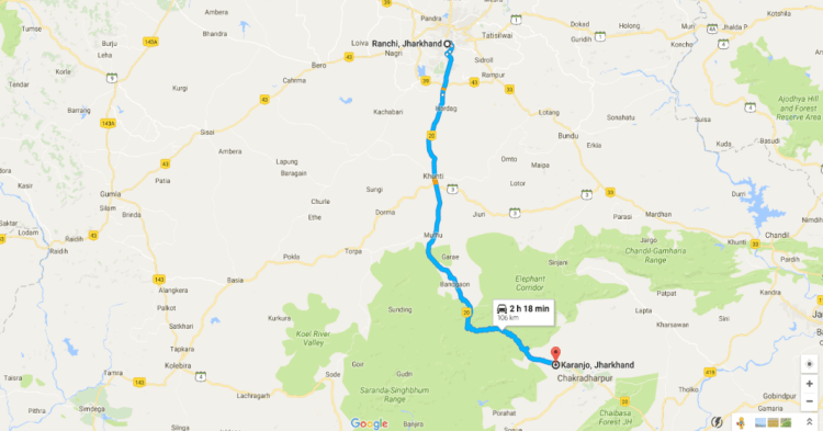 Route from Ranchi, Jharkhand to Karanjo, Jharkhand. 